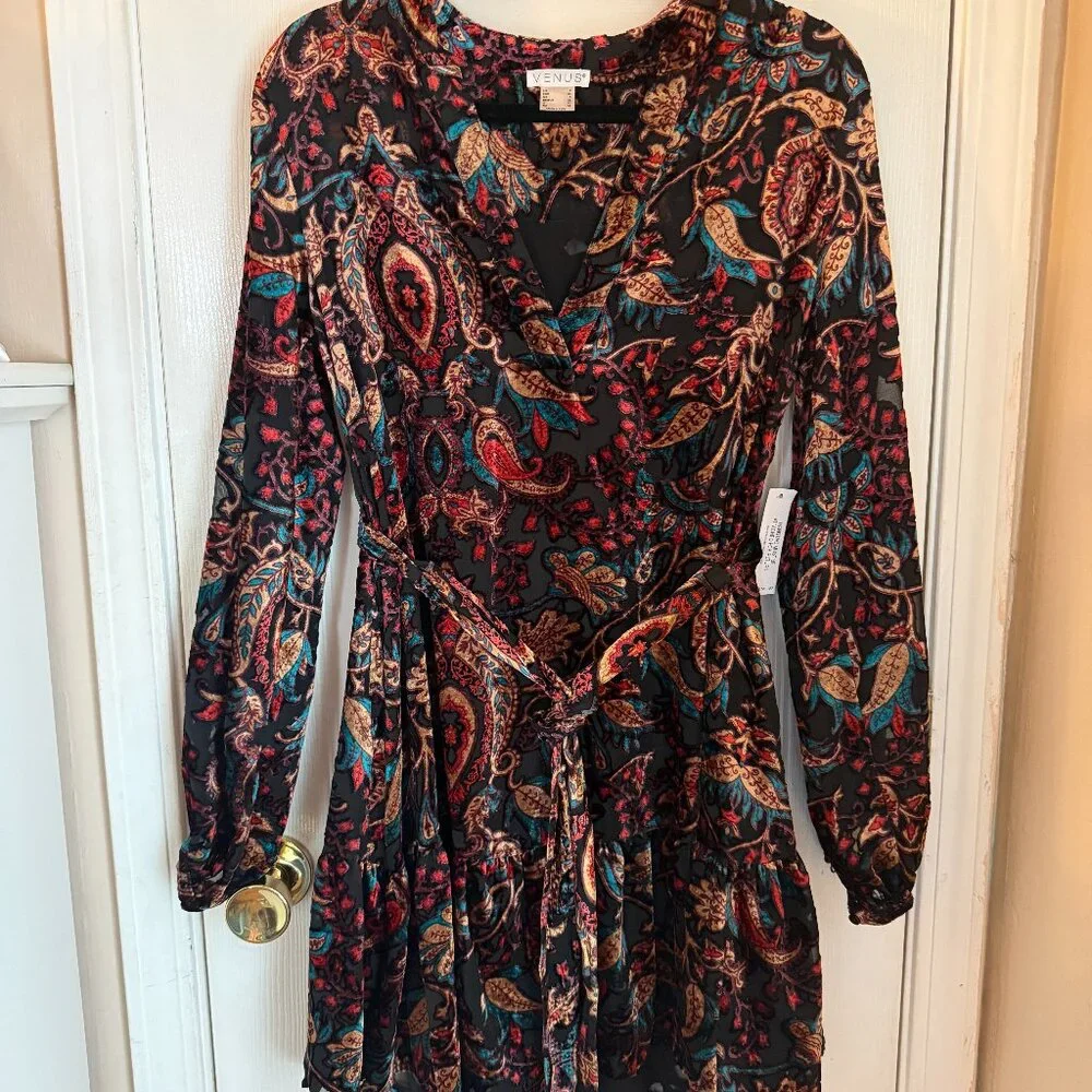 Venus Jewel Tone Burnout Velvet Long Sleeve Dress Size 2 - Picture 1 of 6